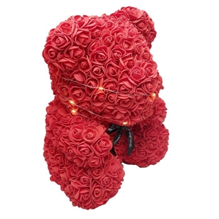 Bamse pyntet med røde roser og lys - Højde: 35 cm