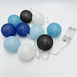 LED lyskæde med bomuldskugler i blå, sort og hvid - 1,5 m 10 LEDs