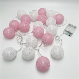 LED lyskæde med bomuldskugler i lyserød og hvid - 3 m