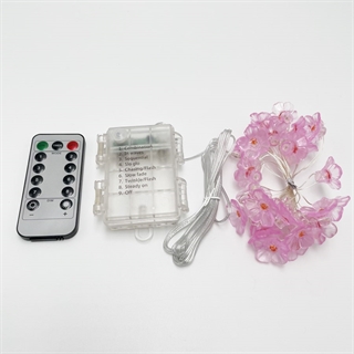 Batteridrevet kobber lyskæde med kirsebærblomster, med fjernbetjening - 5 m 30 lys - lyserød