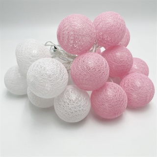 LED lyskæde med bomuldskugler i lyserød og hvid