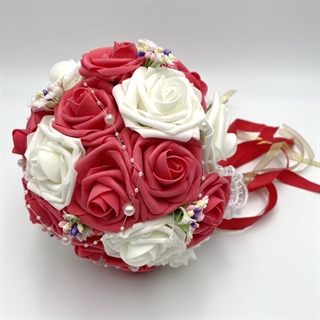 Brudebuket med kunstige røde og hvide roser