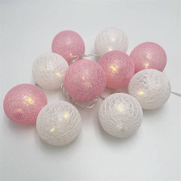 LED lyskæde med bomuldskugler i lyserød og hvid-2 m