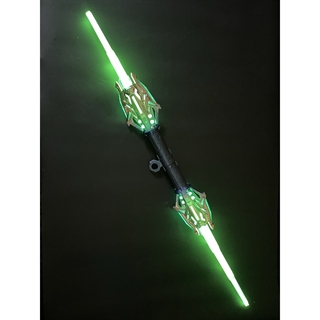 Dobbelt lyssværd teleskopisk – 24 lysfarver, lydeffekter, genopladeligt – Blå/guld håndtag