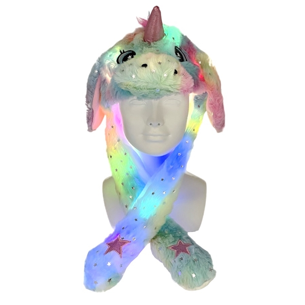 Farverig enhjørningshat med hoppende ører og multifarvet lys
