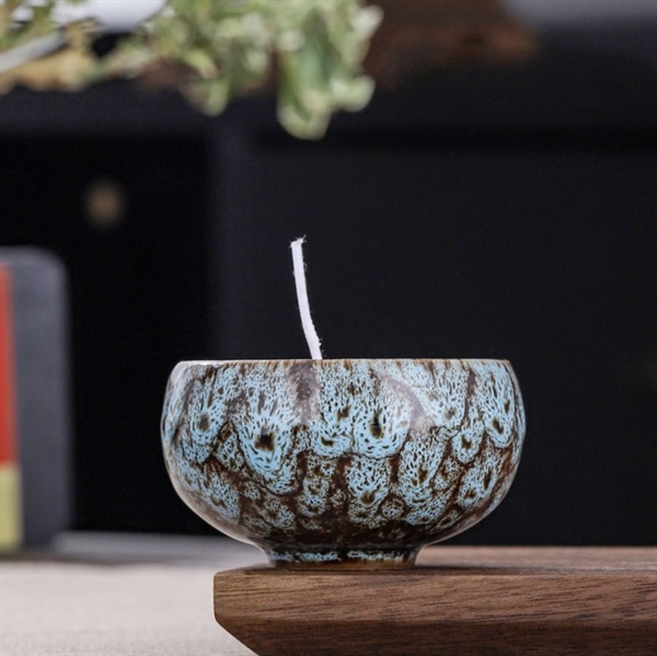 Fyrfadslys i keramikskål - Blå