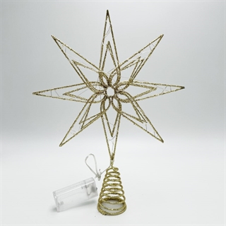 Guld LED topstjerne til juletræ – med glimmer og varmt hvidt lys