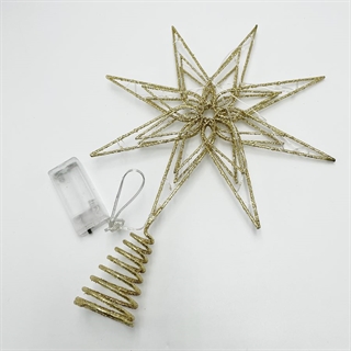 Guld LED topstjerne til juletræ – med glimmer og varmt hvidt lys