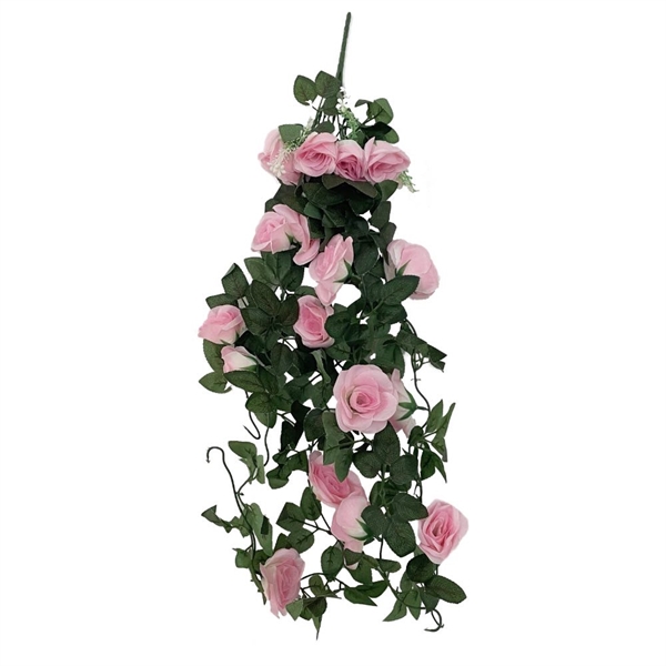 Hængende kunstige planter med lyserøde blomster og grønne blade