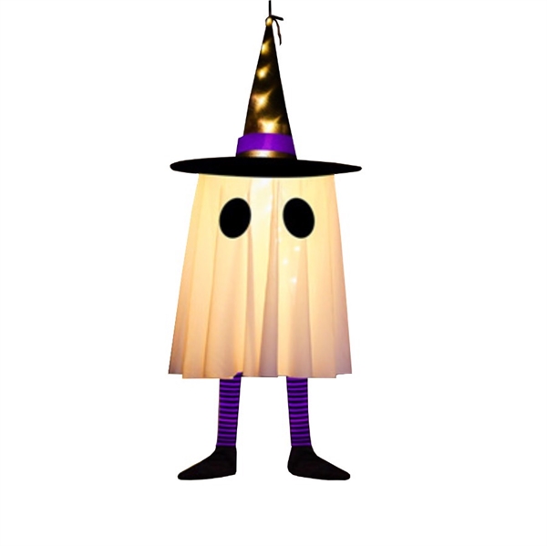 Hængende Halloween-spøgelse med heksehat og varmt hvidt lys