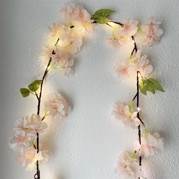 Kirsebærblomst LED lyskæde med blade – champagne –1,8 m, 10 lys 