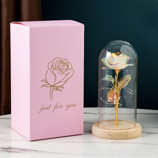 Kunstig rose med lyskæde i glaskuppel - Multifarvet lys
