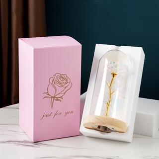 Kunstig rose med lyskæde i glaskuppel - Varmt hvidt lys