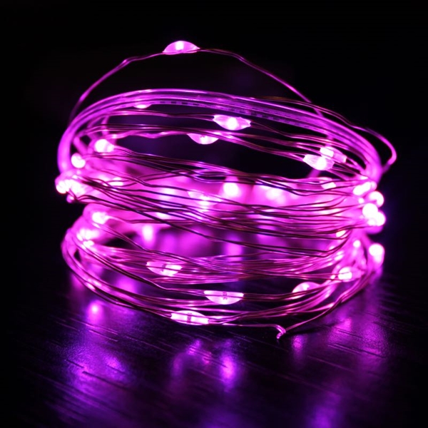 LED kobber lyskæde med fjernbetjening - Lyserødt lys - 5 m 50 lys