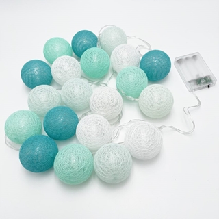 LED lyskæde med bomuldskugler i blågrøn, mint, lysegrøn og hvid – 3 m 20 LEDs