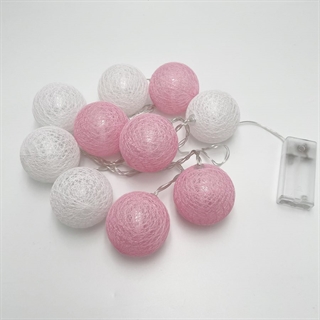 LED lyskæde med bomuldskugler i lyserød og hvid - 1,5 m