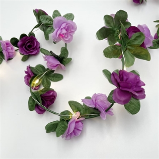 Lyskæde med mørke og lyse lilla blomster og grønne blade - 2,2 m 20 lys