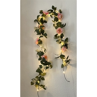 LED lyskæde med pink blomster og blade - 1,9 m 20 lys