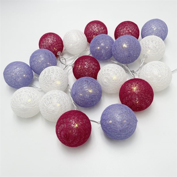 LED lyskaede med bomuldskugler i bordeaux, lilla og hvid – 1,5 m, 3 m