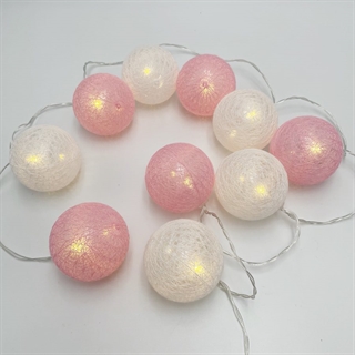 LED lyskæde med bomuldskugler i lyserød og hvid