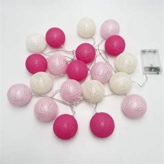 LED lyskæde med bomuldskugler i rosa, lyserød og hvid – 3 m, 20 lys
