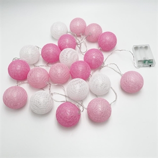 LED lyskæde med lyserøde og hvide bomuldskugler – 3 m 20 lys – Ø 6 cm