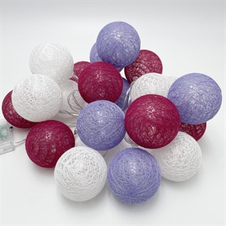 LED lyskaede med bomuldskugler i bordeaux, lilla og hvid – 1,5 m, 3 m