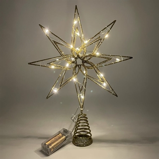 Guld LED topstjerne til juletræ – med glimmer og varmt hvidt lys