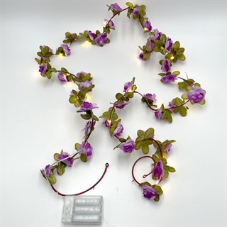 Lyskæde med lilla blomster og grønne blade - 2,3 meter med 20 lys