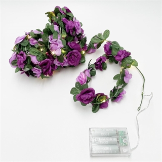 Lyskæde med mørke og lyse lilla blomster og grønne blade - 5 m 50 lys