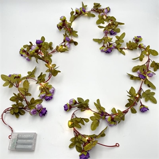 Lyskæde med mørke og lyse lilla blomster og grønne blade - 2,2 m, 20 lys
