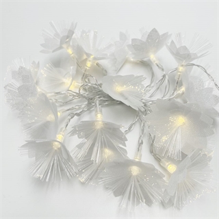 Detaljebillede af LED blomster lyskæde med fiberoptiske effekter i varm hvid belysning