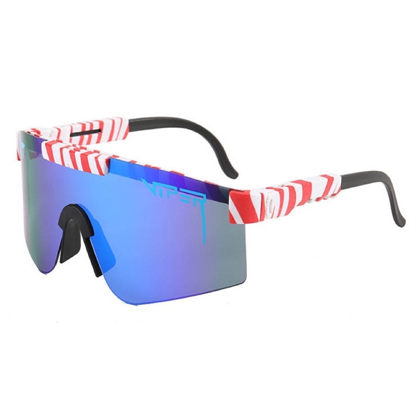 Solbriller til sport - Blåt brilleglas og rød-hvid stribet brillestel