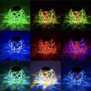 Solcellelampe - Mosaik glaskugle havelampe med farverige lys