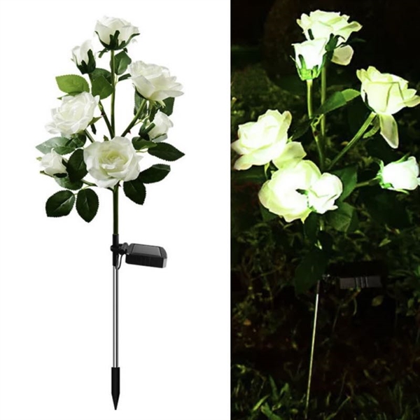 Solcellelampe med hvide roser og grønne blade 