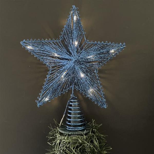 Topstjerne med lys til juletræ - Med glimmer - Blå