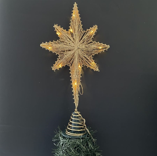 Topstjerne med lys til juletræ - Med glimmer - Nordstjerne - Højde 40 cm