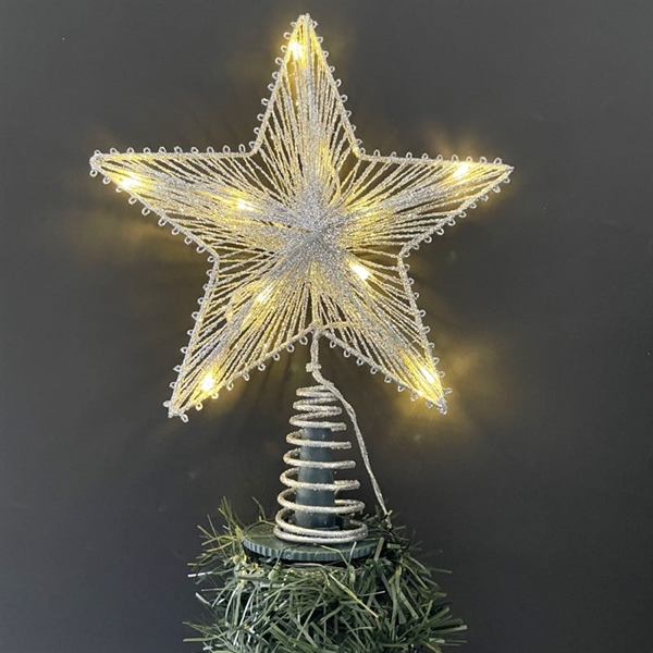 Topstjerne med lys til juletræ - Med glimmer - Sølv