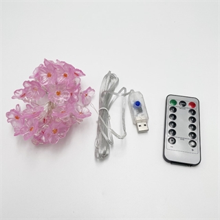 USB drevet kobber lyskæde med kirsebærblomster med fjernbetjening - 6 m 40 lys - lyserød