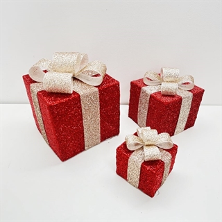 Gaveæsker i rød glitterstof med LED-lys – sæt med 3 stk.