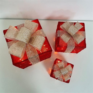 Gaveæsker i rød glitterstof med LED-lys – sæt med 3 stk.